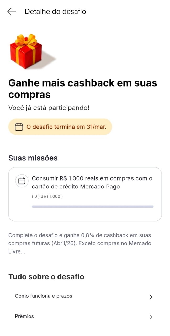 cashback turbinado cartao mercado pago metas mar26 2